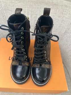 Louis Vuitton Brown Monogram & Black Patent Lace-Up platform Boots