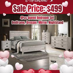 4pcs Queen Bedroom Set Bedframe Dresser Mirror Nightstand 