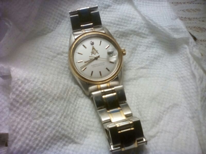 MASONIC LODGE PRESENTATION WATCH BY HAMILTON MASTERPIECE, date just,CRYSTAL case, #8482