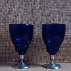 Vintage Cobalt Blue Goblets with Pewter Base, Pair Colbalt Blue Wine Glasses w/Pewter Stem