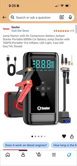 6000A Jump Starter with Air Compressor – 160 PSI Tire Inflator & Power Bank