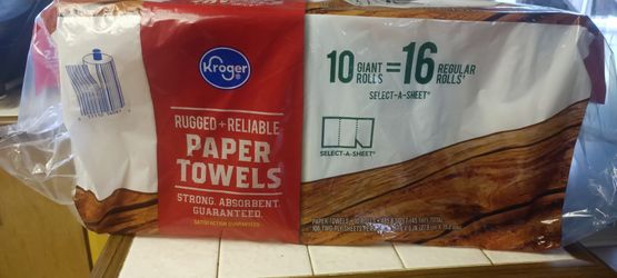 10-pack of Kroger Rugged + Reliable Paper Towels, which equals 16 regular rolls.