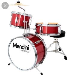 Mendini by Cecilio 16" 3-Piece Kids, Junior Drum Set with Adjustable Throne, Cymbal, Pedal &, Metallic Red