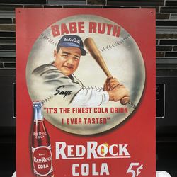 Vintage 35 years old Babe Ruth red rock cola tin metal sign