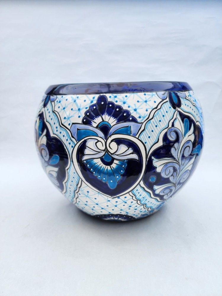 Blue Talavera-Style Ceramic Planter Pot