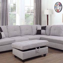 New Gray White Flannelette Sectional Sofa W/ Free Ottoman And Pillows  New In Original Boxes