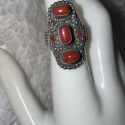 Vintage Multi Stone Tibetan Coral & Sterling Ring, size 6.5