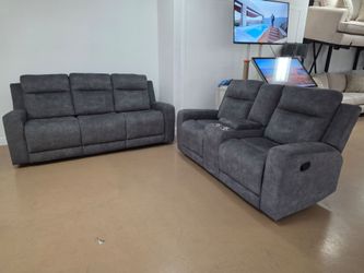 Gray Fabric Reclining Sofa and Loveseat Set REAL PRICE
