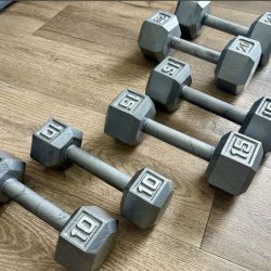 3 Pair Of Cast Iron Dumbbells  10s, 15s And 20s  ( Total: 90 lbs; SELL ALL TOGETHER). 