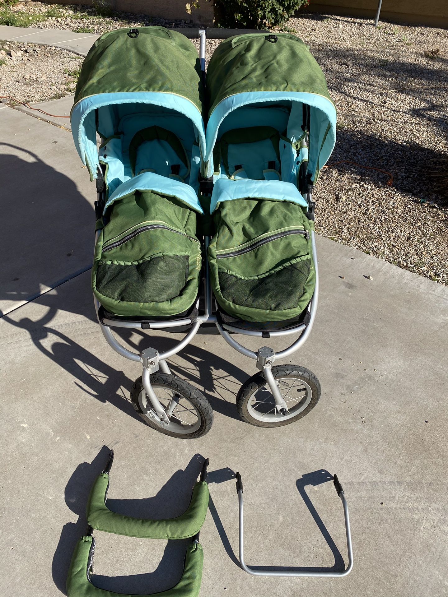Bumbleride indie twin in sea grass double jogger stroller running jogging