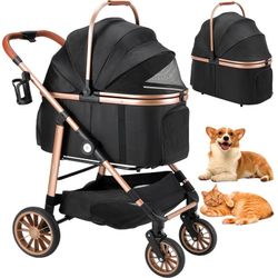 4-wheel Stable Pet Stroller For Medium Dogs/ Cats (55lbs Max) -3-in-1 Convertible Design With Removable Carrier & One-click Folding Mechanism
