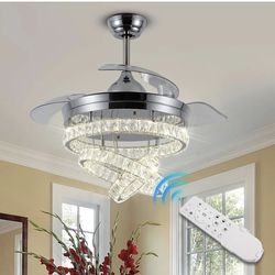 FRIXCHUR 42″ Modern Crystal Chandelier Ceiling Fan LED
