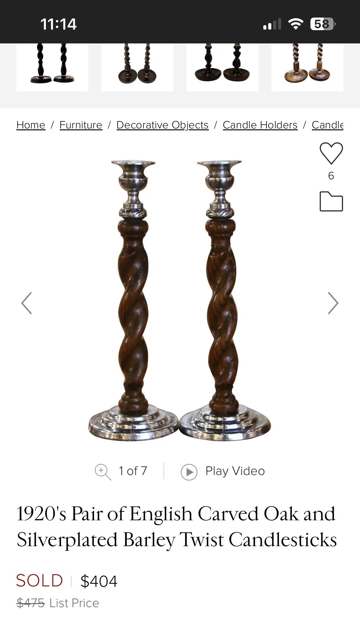 1920 pair of english carved oak and silver plated barley twist candle sticks