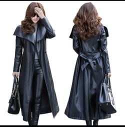 Womens Black Leather Long Trench Coat, Elegant Winter Overcoat in Classic Style