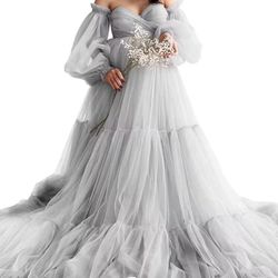 Tulle Maternity Dresses for Photoshoot Off Shoulder Robes Long Sleeve Bridal Lingerie Baby Shower Pregnancy Gowns
