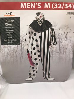 Killer Clown Halloween Costume  Cosplay Party Jumpsuit Mask & Collar 3 Pc New 32