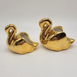 Vintage Pair 22k Gold Swans Home Decor Ceramic Pottery Trinket 3"