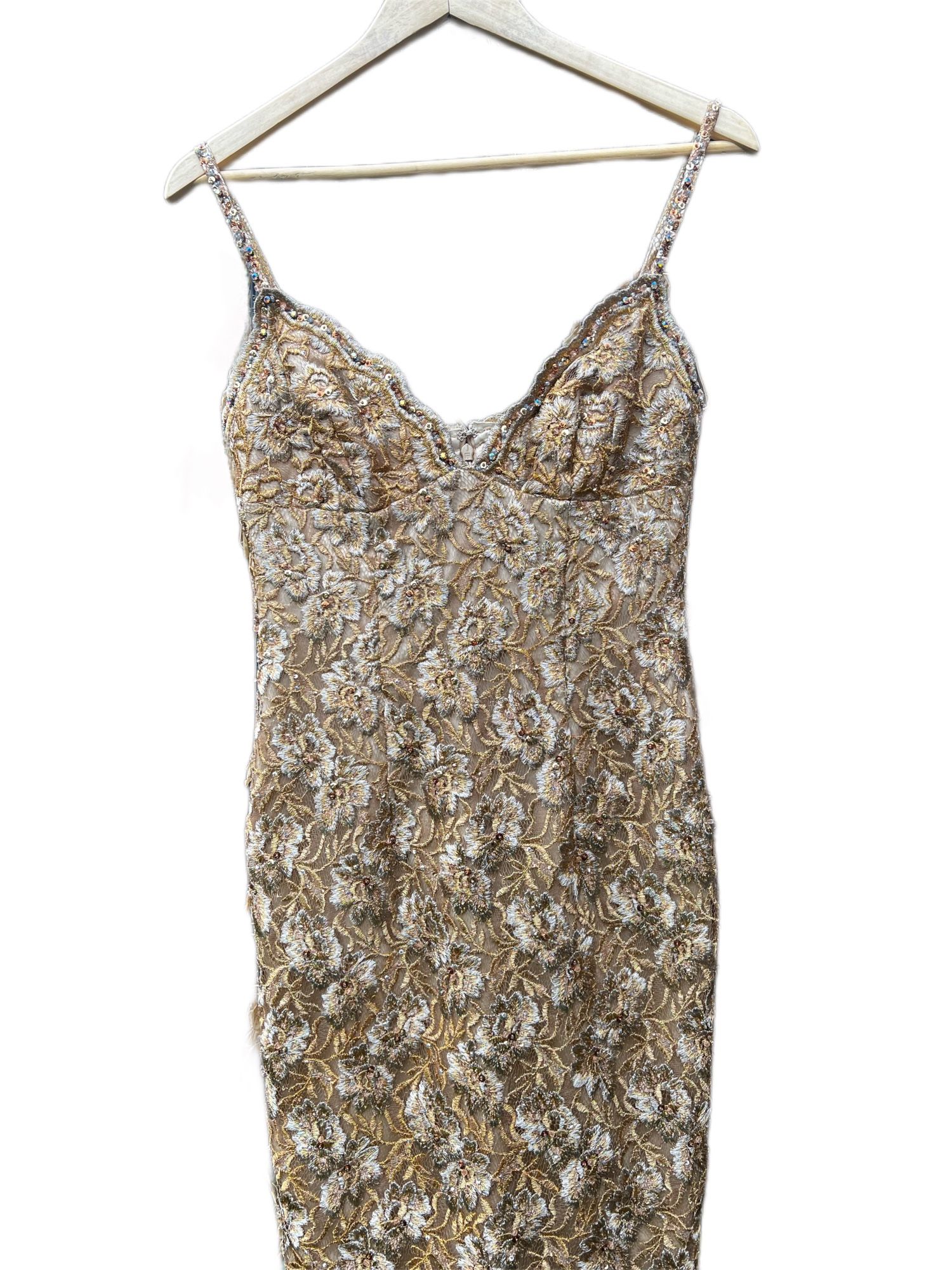 Mandalay gold embroidered mesh w/ sequin and Swarovski crystal accents dress 6  New cocktail dress with tags.  Extra crystal and beading along bottom 