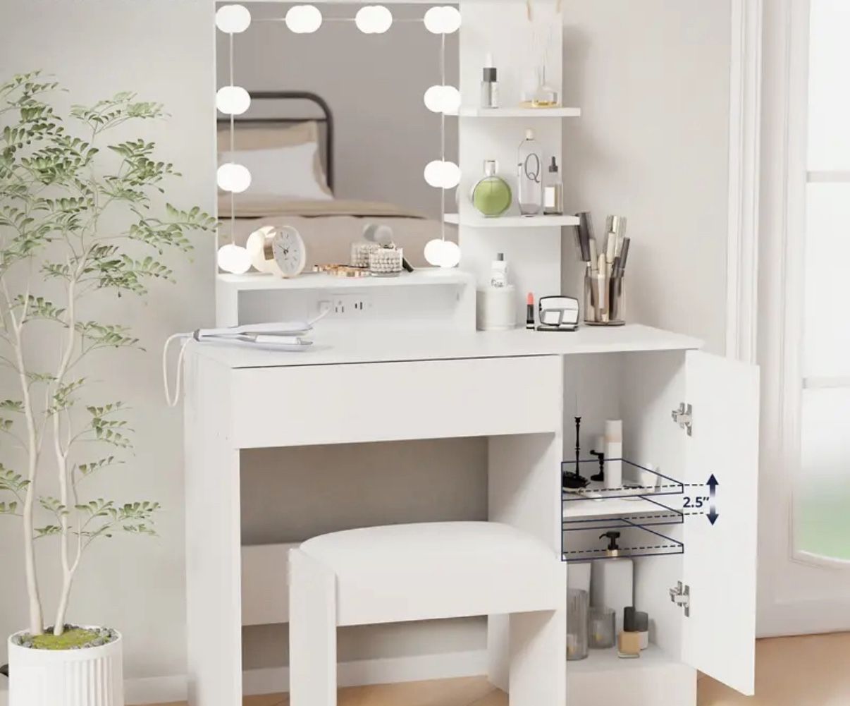 NEW IN BOX! Vanity Desk with Charging Station, Makeup Vanity Desk with Mirror and Lights, Vanity Table for Bedroom