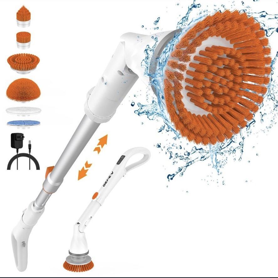 Electric Spin Scrubber - Cordless Spin Scrubber for Cleaning, Power Scrubber for Bathroom with 6 Replaceable Brush Heads & Adjustable Extension Handle
