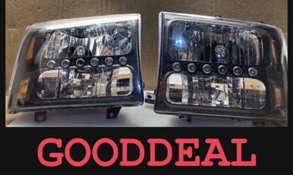 #OH117 FIT 1999-04 Ford Excursion F250/350/450/F-250/F-350/F-450 Black LED DRL Halogen Headlight Head Lights Pair Set