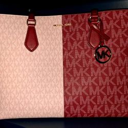 Michael Kors Sheila Large Two-Tone Signature Logo Tote Bag In "Cherry" NEW