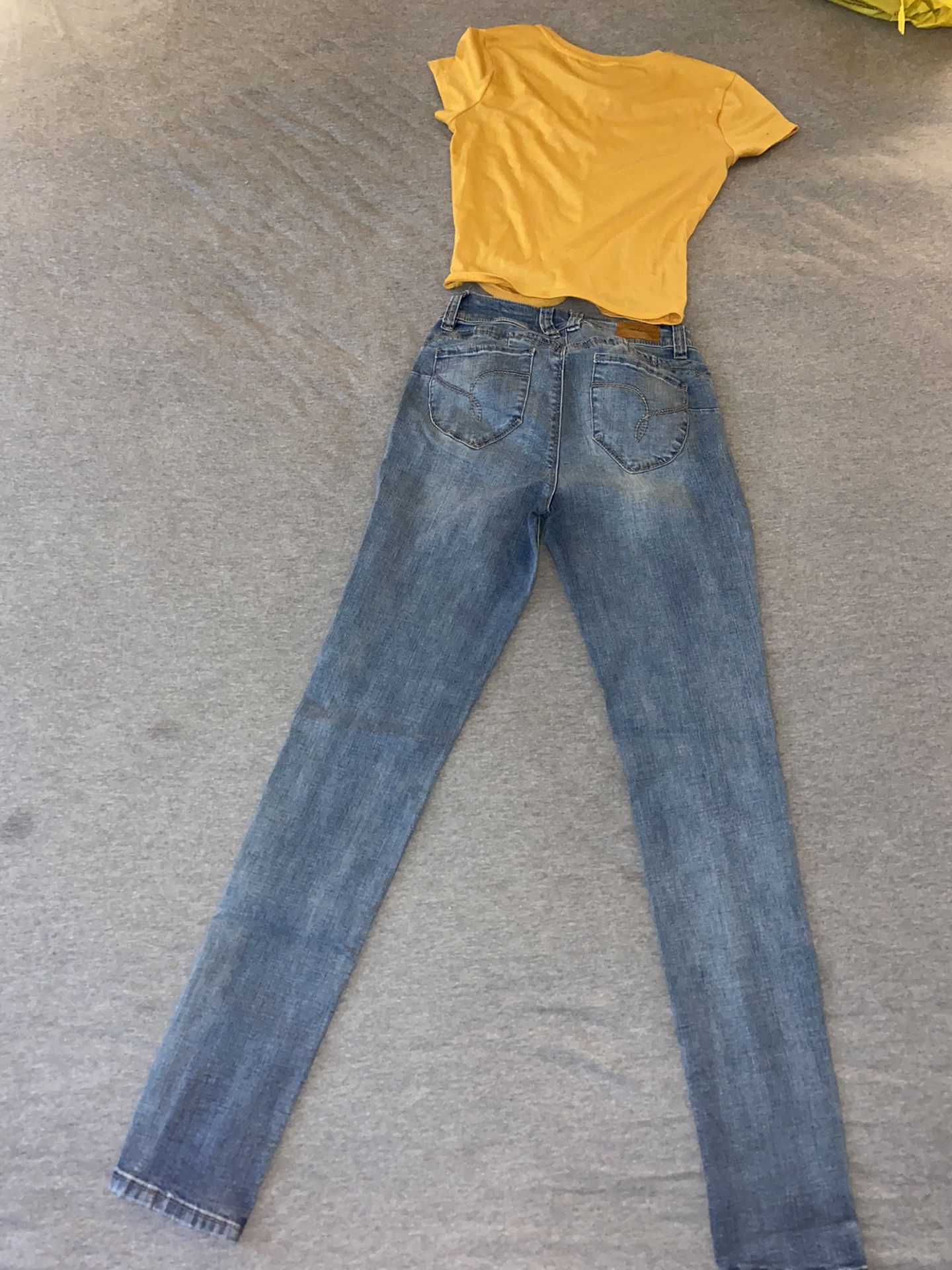 Yellow Crop Top And Light Blue Jeans
