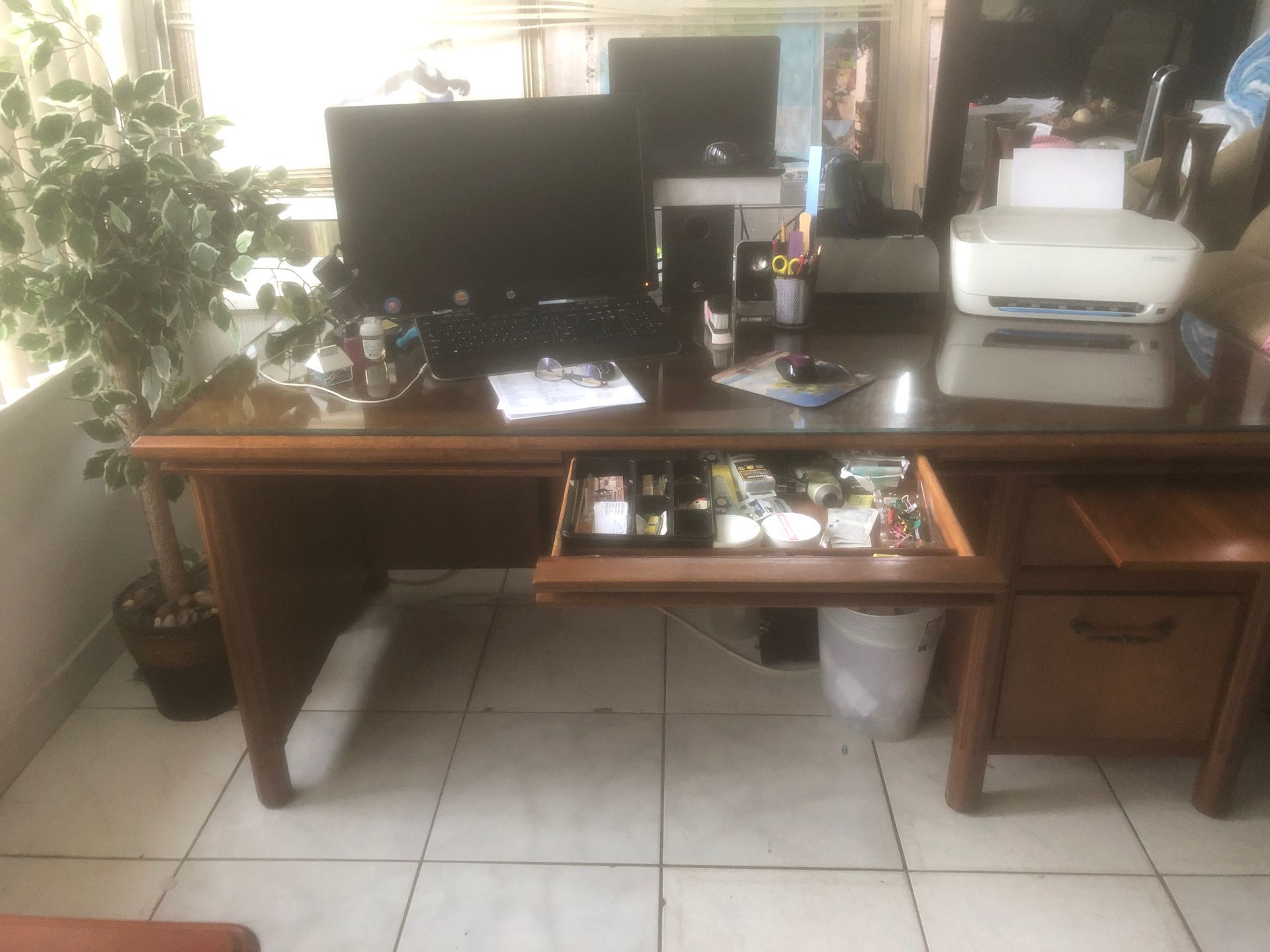 FREE—-FREE—FREE—Wooden desk With Glass Top -72L x 36W x 29H