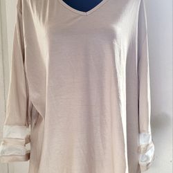 Women 3/4 Sleeve Beige Top With Mesh Liken Accents Sleeve, Size 2 XLarge