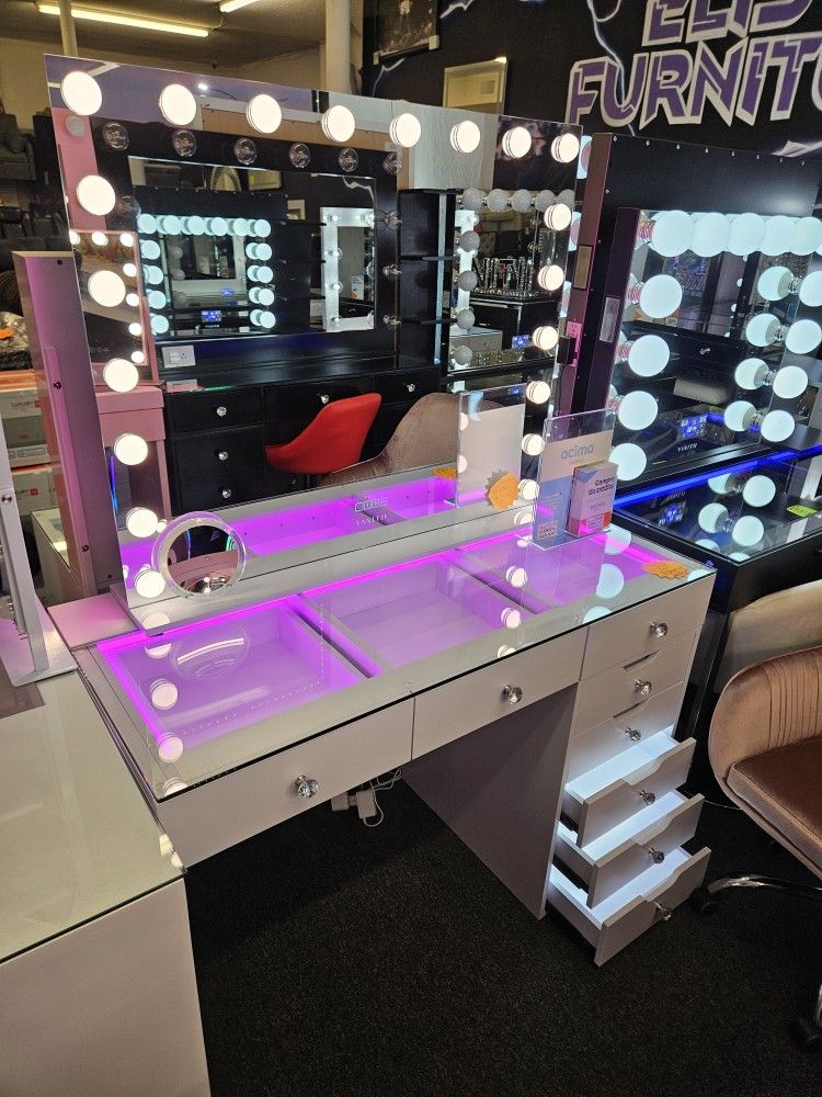 Brand New Vanity 8 Drawers LED, RGB Light On Desk & XL Hollywood Mirror $879