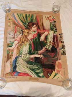 Vintage Handmade 27" x 21" Cross Stitch Petit Point needlepoint. sewn in the 1980s, women playing piano and singing