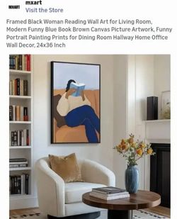NEW-Framed Black Woman Reading Wall Art for Living Room, Modern Funny Blue Book Brown Canvas Picture Artwork, Portrait Painting Prints for Dining Room