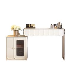 Modern White Makeup Vanity with Drawers & Side Cabinet