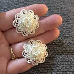 Vintage Floral Celluloid Plastic Clip On Earrings Filigree