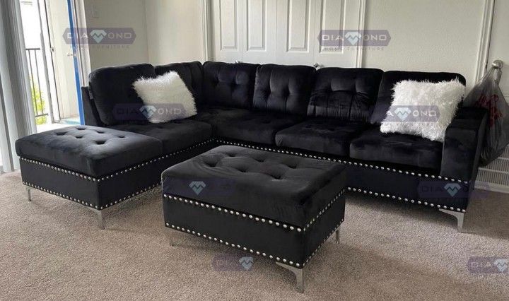 New Black Velvet Reversible Sectional With Ottoman And Free Delivery