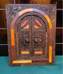 Vintage handcrafted Moroccan wooden wall mirror with intricate detailing