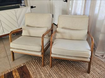 2 Mid-Century Modern Accent Chair with Upholstered Beige Linen Fabric and Lumbar Pillows
