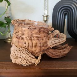 Vintage 1970s Wicker Frog Planter With Marble Eyes 
