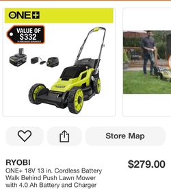 RYOBI ONE+ 18V 13 in. Cordless Battery Walk Behind Push Lawn Mower with 4.0 Ah Battery and Charger