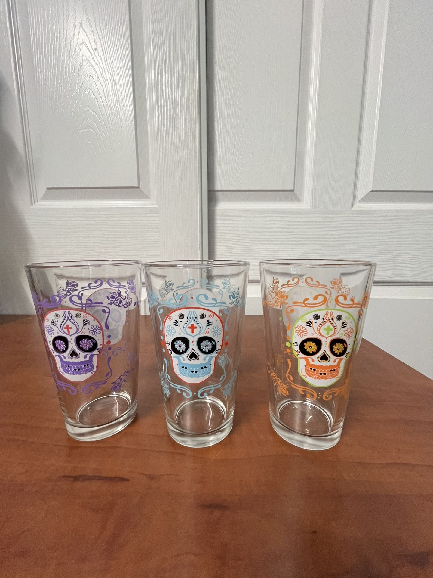 Set of 3 Day of the Dead Sugar Skull 17 oz Highball Glasses Multicolor Decor