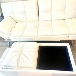 Cream Leather Couch With Ottoman