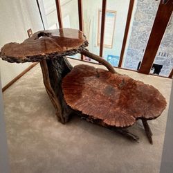 Burl Live Edge Table. Upper slab is 24.5” high, Lowe slab is 10” high. Upper slab is 28”x20”, lower slab is 37”x 26”.