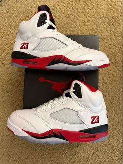 Size 9.5 (Pre owned, comes with original box) - 2025 Air Jordan 5 retro fire red black tongue