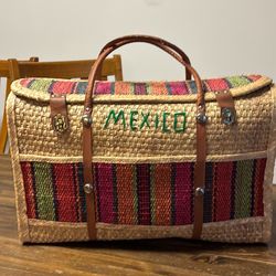 Vintage 1980 Straw Raffia Woven Tote Market Bag   Purse Beach Picnic Mexico Boho