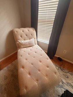 Beige Tufted Chaise Lounge with Decorative Pillow – $225 OBO
