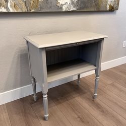 Antique Greige Desk Solid Wood Side Table w/ Storage Shelf & Pull Out Shelf- Fluted Legs