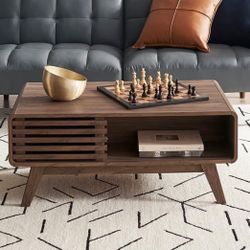 mopio Ensley Coffee Table, Mid Century Modern Table with Storage, Farmhouse Wood Coffee Table for Living Room Fluted (Walnut)