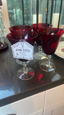 Moving Sale- 4 ruby-red glass water/wine goblets with clear pedestal stem
