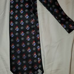 Vintage 100% Black Silk Snowman Embroidered Print Tie