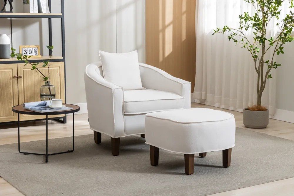 Beige Linen Accent Chair / Armchair + Ottoman [NEW IN BOX] **Retails for $310